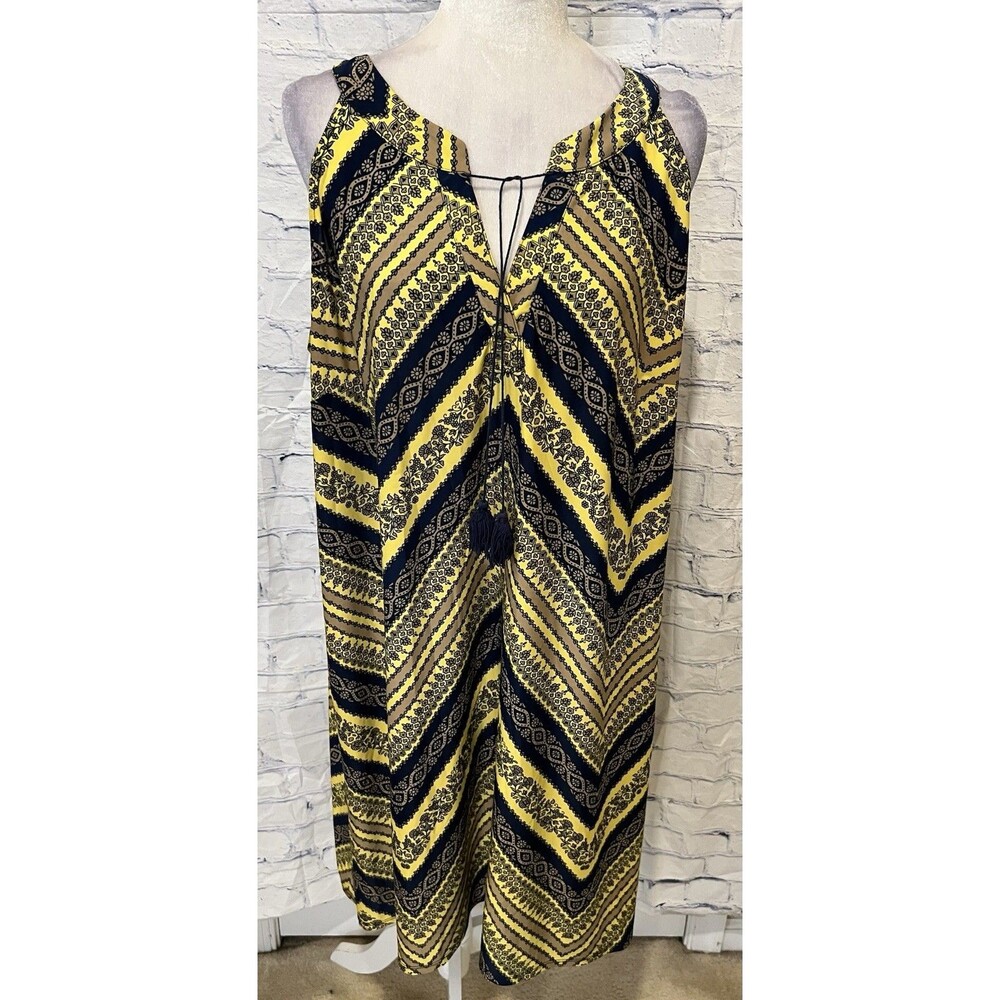Tacera Boho Stretchy Shift Dress 2X Flowy Sleeveless Navy/Yellow Print